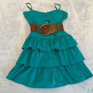 2b Bebe Women's Green Ruffle Dress With Brown Belt Mini Medium NWT